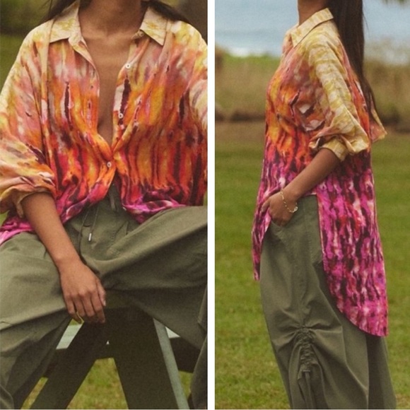 Anthropologie Boho Daria Tie Dye Button Down Tunic Top in Rose Size Large - Picture 1 of 12